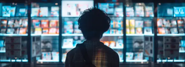 A person stands in front of a store filled with numerous shelves displaying various products.